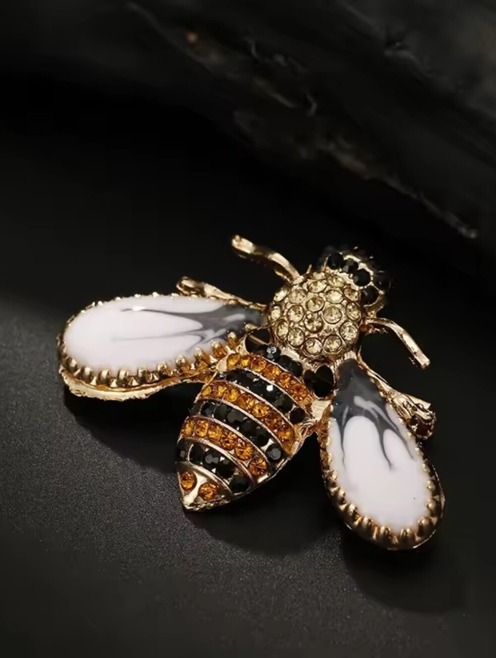 Gold Bee Brooch with White Enamel Wings and Amber & Black Crystals